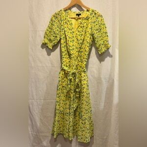 Talbots Size S Butter Yellow Floral Tie Waist Midi Dress